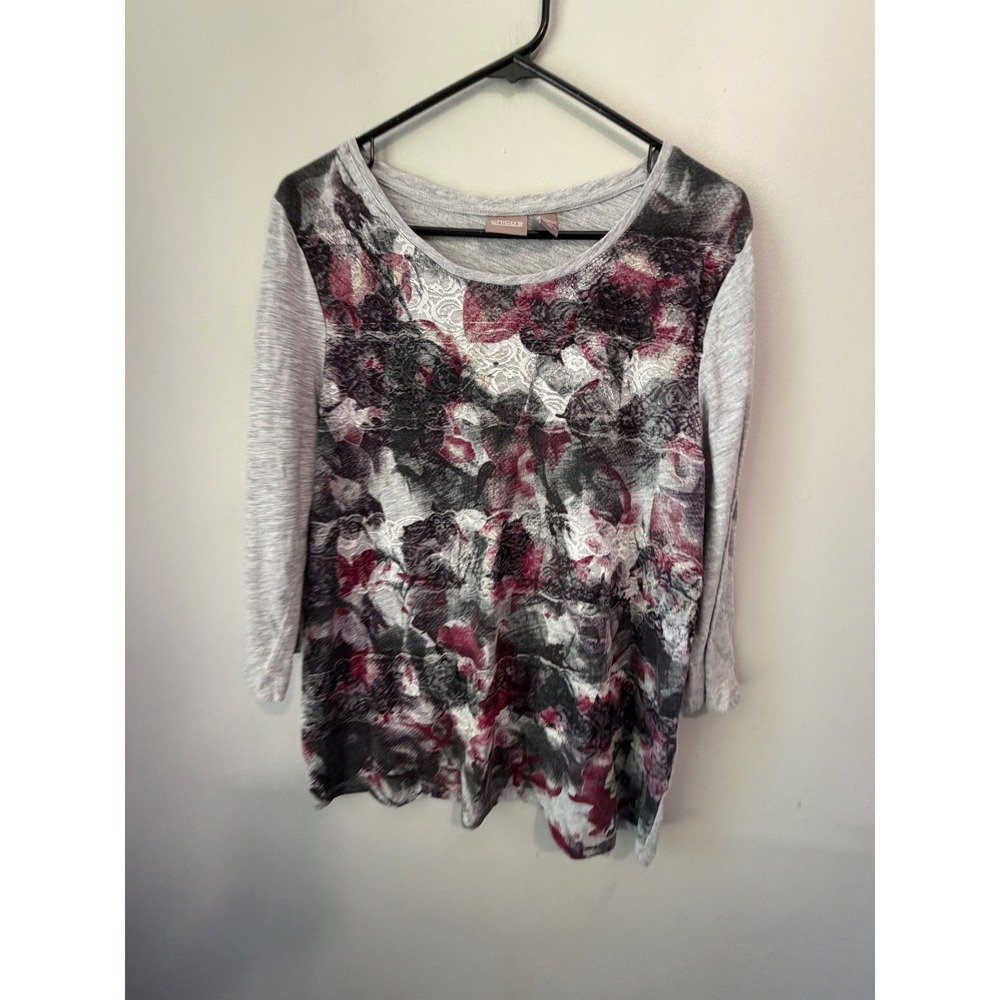 Chicos Womens Size 2 Grey Floral Lace Front Long Sleeve Mixed Media Top